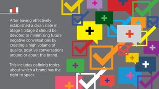 After having effectively 
established a clean slate in 
Stage 1, Stage 2 should be 
devoted to minimizing future 
negative conversations by 
creating a high volume of 
quality, positive conversations 
around or about the brand. 
This includes defining topics 
about which a brand has the 
right to speak. + 
+ + 
+ 
+ 
+ 
+ 
+ 
+ 
+ 
+ 
+ 
+ 
 