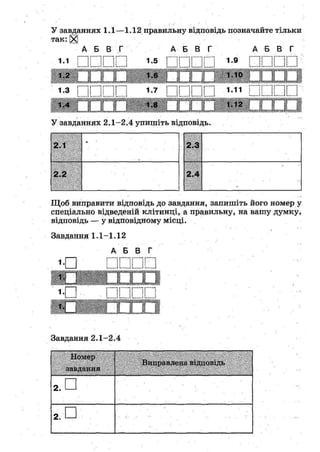 У завданнях 1.1—1.12 правильну відповідь позначайте тільки
так: $$
А Б В Г А Б В Г А Б В Г
1.1 • • • • 1.5
< 1 • І • II 11 1 • • 1 1 1 1
• 1 І 1 » 1 1 »
• 1 ' • » . « ' 1
І.....1 ' .і І.....І 1
1.9
• і • » • .« < •• ,> , і ,• і •• » • і • • « і• і • і > . > •І.,„..м « [ <
-
•« о ;
1 2 і Ц :; : 1 б
ІІІР^
: VI 1 1 1 1.10 1 :і 1 І! ;
• 1.3 І і І і 1 11 1ь і • І 1 ї
1.7 * ;. і * •« і 1.11 » і > і 1 ,1 ,1 Iі І І І І І
8111ІІІІІ
ШІШІІІІЙ'я • Т : 1.12
г : ; т; ! : :
і Р [! :
У завданнях 2.1-2.4 упишіть відповідь.
2.1
•і»
*
2.2 2.4
Щоб виправити відповідь до завдання, запишіть його номер у
спеціально відведеній клітинці, а правильну, на вашу думку,
відповідь — у відповідному місці.
{
Завдання 1.1-1.12
А Б В Г
Уч VіV4
І Т і в
і І II І
'і-І 1 П П П Г ]
1 •• : і І іІ 8 І Ш !
Завдання 2.1-2.4
Номер
завдання
Виправлена відповідь
2. •
2. •
 