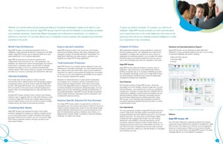 Sage ERP Accpac       I Get a 360° view of your business




    Whether your growth plans include buying and selling in the global marketplace, adding more talent to your                               To grow, you need to compete. To compete, you need to be
    team, or expanding your services, Sage ERP Accpac has the tools and the flexibility to successfully accelerate                           intelligent. Sage ERP Accpac provides you with tools that allow
    your business expansion. Supporting different languages and multicurrency transactions, our network of                                   you to spend less time on the small details and more time on the
    partners in more than 150 countries allows you to confidently conduct business with suppliers and customers                              big picture that will net you valuable business intelligence to make
    anywhere in the world.                                                                                                                   your organization more competitive.


    World-Class Architecture                                             Easy to Use and Customize                                           Freedom of Choice                                                    Database and Operating Systems Support

    Sage ERP Accpac is an advanced application built on a                Sage ERP Accpac is easy to set up and use, with intuitive           With streamlined integration across applications, advanced           Sage ERP Accpac can be deployed on either Microsoft
    multitiered, object-oriented architecture. Designed for the SME      wizards and a familiar interface that make configuration and        web and wireless access, full multilingual and multicurrency         Windows® or Linux operating systems and can run on a variety
    market, Sage ERP Accpac can be deployed either as a web-             navigation a breeze. Embedded Microsoft® Visual Basic® for          capabilities, a scalable open architecture, and a choice of          of back-end database structures, including:
    based application or as a desktop application.                       Applications (VBA) lets you easily expand, customize, and           databases and operating systems, you can select the edition
                                                                                                                                                                                                                    • Microsoft SQL Server®
                                                                         integrate your Sage ERP Accpac application.                         that best meets your business needs now, and you can be
    Sage ERP Accpac lets you choose the solutions and                                                                                                                                                               • Pervasive.SQL
                                                                                                                                             sure it will comfortably grow with your business in the future.
    configurations that work best for you: The applications, the                                                                                                                                                    • Oracle
    database, the deployment options and languages, the network          Total Investment Protection
                                                                                                                                             Sage ERP Accpac
    environment or operating system, and the add-on software
                                                                         Sage ERP Accpac is a complete system designed to give your
    developed by Sage or one of our network of independent                                                                                   Sage ERP Accpac offers the freedom of choice, ease of
                                                                         business the competitive advantage. Our value-added protection
    industry experts. We’re here to help you operate more efficiently                                                                        integration, high performance, and reliability that forward-
                                                                         plan, offered across all product lines, gives you the investment
    and allow you to focus on growing your business the right way.                                                                           thinking companies rely on to increase profitability and seize
                                                                         protection you need to move quickly and easily from one version
                                                                         to the next, so you can increase the functionality of your system   the competitive advantage. At the core of Sage ERP Accpac
    Ultimate Scalability                                                 as your business requirements expand.                               are strong financial, operational, and customer relationship
                                                                                                                                             management features and capabilities.
    From single-user remote locations to large corporate                 Designed for Global Business in today’s global marketplace,
    environments with multiple locations and demanding business          your supplies, your customers, and your competition are no          Core Financial
    management needs, no other product scales like Sage ERP              longer limited by physical borders. That’s why you’ll be glad
    Accpac. With Sage ERP Accpac, you can upgrade smoothly               to know that Sage ERP Accpac is deployed in more than 150           The financial modules of Sage ERP Accpac—Accounts
    from one version to the next as your business requirements           countries worldwide and supports multiple languages, so it can      Receivable, Accounts Payable, General Ledger (GL), and the
    expand, safe in the knowledge that your data will easily move        satisfy even the most demanding international requirements. A       System Manager—are powerful tools to help you confidently
    with you.                                                            truly global application, Sage ERP Accpac handles transactions      manage your company’s complex finances. Available with full
                                                                         using multiple currencies, calculates currency-revaluation, and     multicurrency capability, powerful bank reconciliation and tax
    All Sage ERP Accpac products have a uniform user interface,          complies with local accounting.                                     reporting features, flexible transaction processing options,
    making it easy to upgrade without costly staff retraining or data                                                                        and informative dashboards for analytical reporting, Sage
    conversion. Sage ERP Accpac also enables data processing                                                                                 ERP Accpac Core Financials help businesses succeed by
    across multiple servers, so as your number of users increases,       Industry-Specific Solutions for Your Business                       accurately presenting valuable financial information in a clear,
    multiple servers can share the processing workload.                                                                                      understandable format.
                                                                         Your Sage ERP Accpac system is supported by a network of
                                                                         local experts who can enhance and extend it further to meet your
    Completely Web-Based                                                 market’s specific requirements, thanks to the wide range of high-   Core Operational
                                                                         quality integrated vertical tools and our strong network of more    The core operational modules of Sage ERP Accpac (Inventory
                                                                                                                                                                                                                  Snapshots for analysis and Inquiry tool to create ad-hoc reports.
    Sage ERP Accpac has changed the rules of mid-market                  than 400 development partners. Whatever your industry, our
    business management solutions by offering complete access                                                                                Control, Order Entry, Purchase Orders, and Project and Job
                                                                         skilled partner network makes it possible to meet any business      Costing) streamline the order fulfillment process so your business   Editions
    to your accounting system through a standard web browser.            challenge, no matter how unique.
    No longer limited by your location, you can now access Sage                                                                              delivers every time. The Order Entry and Purchase Orders
    ERP Accpac anywhere, anytime, through our easy-to-use                                                                                    modules are fully Integrated with Project and Job Costing,           Sage ERP Accpac 100
    web-based interface.                                                                                                                     offering the most flexibility in the way transactions can be
                                                                                                                                             processed, while the Inventory Control module allows you to          Our entry-level offering for a growing business that requires
                                                                                                                                             manage thousands of items and create flexible price lists. You       strong and secure financial and operations management. Sage
                                                                                                                                             even have the option of determining how and when inventory           ERP Accpac 100 handles up to three GL account segments,
                                                                                                                                             costing is performed, offering you ultimate freedom in managing      stores up to seven years of history, and can accommodate
                                                                                                                                             your business your way.                                              up to ten concurrent users. And Sage ERP Accpac 100 easily
                                                                                                                                                                                                                  manages data for up to five different companies.




2                                                                                                                                                                                                                                                                                     3
 