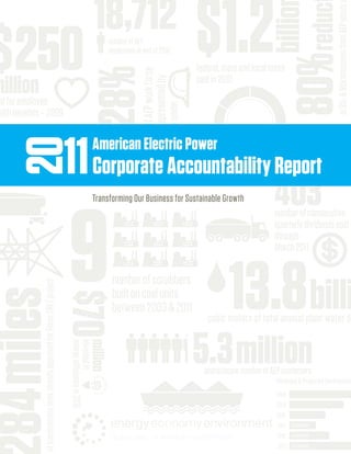11	Corporate	Accountability	Report
                            American	Electric	Power	
20



    9
	                           Transforming	Our	Business	for	Sustainable	Growth




                                                           	
                                                       	
    $70
    energy	efficiency	in	2010
    invested	in		
                        million	




                                                                               	
                                                                               	
                                                                               	
                                                                               	 	   	
                                                                               	 	   	
                                                                               	 	   	
 