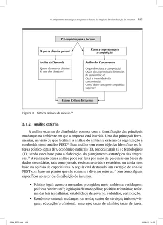 Planejamento estratégico: traçando o futuro do negócio de distribuição de insumos 105
Pré-requisitos para o Sucesso
Como a empresa supera
a competição?
O que os clientes querem?
Fatores Críticos de Sucesso
Análise da Demanda
Quem são nossos clientes?
O que eles desejam?
Análise dos Concorrentes
O que direciona a competição?
Quais são as principais dimensões
da concorrência?
Qual a intensidade da
concorrência?
Como obter vantagem competitiva
superior?
Figura 3 Fatores críticos de sucesso.14
2.1.2 Análise externa
A análise externa do distribuidor começa com a identificação das principais
mudanças no ambiente em que a empresa está inserida. Uma das principais ferra-
mentas, na visão de que facilitam a análise do ambiente externo da organização é
conhecida como análise PEST.15
Essa análise tem como objetivo identificar os fa-
tores político-legais (P), econômico-naturais (E), socioculturais (S) e tecnológicos
(T), sendo esses base para a elaboração do planejamento estratégico das empre-
sas.16
A realização dessa análise pode ser feita por meio de pesquisas em bases de
dados secundárias, tais como jornais, revistas setoriais e relatórios, ou ainda com
base na opinião de especialistas. A seguir está destacado um exemplo de análise
PEST com base em pontos que são comuns a diversos setores,17
bem como alguns
específicos ao setor de distribuição de insumos.
• Político-legal: acesso a mercados protegidos; meio ambiente; reciclagem;
políticas “antitruste”; legislação de monopólios; políticas tributárias; refor-
ma das leis trabalhistas; estabilidade de governo; subsídios; certificação.
• Econômico-natural: mudanças na renda; custos de serviços; turismo/via-
gens; educação/profissional; emprego; taxas de câmbio; taxas de juros;
ISBN_6371.indb 105
ISBN_6371.indb 105 10/06/11 16:10
10/06/11 16:10
 