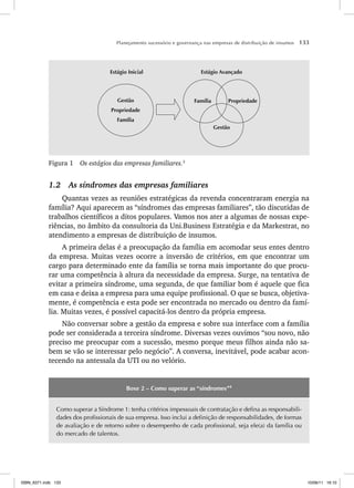 Planejamento sucessório e governança nas empresas de distribuição de insumos 133
Gestão
Propriedade
Família
Família Propriedade
Gestão
Estágio Inicial Estágio Avançado
Figura 1 Os estágios das empresas familiares.3
1.2 As síndromes das empresas familiares
Quantas vezes as reuniões estratégicas da revenda concentraram energia na
família? Aqui aparecem as “síndromes das empresas familiares”, tão discutidas de
trabalhos científicos a ditos populares. Vamos nos ater a algumas de nossas expe-
riências, no âmbito da consultoria da Uni.Business Estratégia e da Markestrat, no
atendimento a empresas de distribuição de insumos.
A primeira delas é a preocupação da família em acomodar seus entes dentro
da empresa. Muitas vezes ocorre a inversão de critérios, em que encontrar um
cargo para determinado ente da família se torna mais importante do que procu-
rar uma competência à altura da necessidade da empresa. Surge, na tentativa de
evitar a primeira síndrome, uma segunda, de que familiar bom é aquele que fica
em casa e deixa a empresa para uma equipe profissional. O que se busca, objetiva-
mente, é competência e esta pode ser encontrada no mercado ou dentro da famí-
lia. Muitas vezes, é possível capacitá-los dentro da própria empresa.
Não conversar sobre a gestão da empresa e sobre sua interface com a família
pode ser considerada a terceira síndrome. Diversas vezes ouvimos “sou novo, não
preciso me preocupar com a sucessão, mesmo porque meus filhos ainda não sa-
bem se vão se interessar pelo negócio”. A conversa, inevitável, pode acabar acon-
tecendo na antessala da UTI ou no velório.
Boxe 2 – Como superar as “síndromes”4
Como superar a Síndrome 1: tenha critérios impessoais de contratação e defina as responsabili-
dades dos profissionais de sua empresa. Isso inclui a definição de responsabilidades, de formas
de avaliação e de retorno sobre o desempenho de cada profissional, seja ele(a) da família ou
do mercado de talentos.
ISBN_6371.indb 133
ISBN_6371.indb 133 10/06/11 16:10
10/06/11 16:10
 
