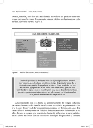 150 AgroDistribuidor • Cônsoli, Prado e Marino
lavoura, também, tudo isso está relacionado aos valores do produtor com uma
pessoa que também possui determinados valores, hábitos, conhecimentos e estilo
de vida, conforme ilustra a Figura 2.
O VENDEDOR DEVE COMPREENDER:
PESSOA
– Família
– Formação
– Hábitos
– Personalidade
– Conhecimentos
– Estilo de Vida
CLIENTE
– Necessidades
– Informações
– Critérios de Avaliação
– Decisão de Compra
– Comportamento Pós-compra
NEGÓCIO
– Culturas
– Áreas
– Funcionários
– Participação de Familiares
– Nível da Gestão
– Suporte Técnico
– Equipamentos
Figura 2 Análise do cliente e pontos de atenção.2
Entender quais são as atividades realizadas pelos produtores e como
elas variam dependendo de ocasiões e do tipo de produtor pode dar a
dimensão mais precisa do papel que se espera deste vendedor em um
distribuidor agropecuário. É um papel fundamental dos gestores nos
distribuidores agropecuários incentivarem essa busca de entendimento do
produtor, para propor ações comerciais relevantes a ele, direcionando a
atuação dos vendedores de campo e balcão.
Adicionalmente, usa-se a teoria de comportamento de compra industrial
para entender com maior detalhe as atividades necessárias ao processo de com-
pra. O papel de um vendedor em uma transação pode ser decomposto antes de o
cliente efetuar a compra em um trabalho de fornecimento de informações e au-
xílio, durante a compra pela negociação buscando influenciar as características
de sua oferta de acordo com os critérios de avaliação dos produtos e, também,
ISBN_6371.indb 150
ISBN_6371.indb 150 10/06/11 16:10
10/06/11 16:10
 