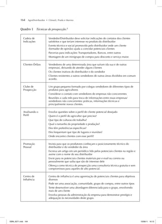 164 AgroDistribuidor • Cônsoli, Prado e Marino
Quadro 1 Técnicas de prospecção.2
Cadeia de
Indicações
Vendedor/Distribuidor deve solicitar indicações de contatos dos clientes
satisfeitos e que teriam interesse no produto do distribuidor
Evento técnico e social promovido pelo distribuidor onde um cliente
(formador de opinião) ajuda a convidar potenciais clientes
Parcerias para indicações: Transportadores, Bancos, entre outros
Montagem de um minigrupo de compra para desconto e serviço maior.
Clientes Órfãos Vendedores de uma determinada área que saíram (da sua e de outras
empresas), deixando de atender alguns clientes
Os clientes inativos do distribuidor e do vendedor
Clientes resistentes a outros vendedores de outras áreas divididos em comum
acordo.
Clube de
Prospecção
Um grupo pequeno formado por colegas vendedores de diferentes tipos de
produtos para agricultores
Considerar o contato com vendedores de empresas não concorrentes
Reuniões a cada mês para troca de informações entre essas empresas/
vendedores não concorrentes: práticas, informações técnicas e
principalmente novos clientes.
Analisando o
Perfil
Envolve questões sobre o perfil de cliente potencial desejado
Quem é o perfil do agricultor que preciso?
Que tipo de culturas ele trabalha?
Qual o tamanho da propriedade e produção?
Eles têm preferências específicas?
Eles frequentam que tipo de lugares e reuniões?
Onde encontro clientes com esse perfil?
Promoção
Pessoal
Invista para que os produtores conheçam o posicionamento técnico do
distribuidor e do vendedor da área
Escreva um artigo em um periódico lido pelos potenciais clientes na região e
assine com o nome do seu distribuidor
Envie para os potenciais clientes materiais por e-mail ou correio ou
pessoalmente que saiba que são de interesse dele
Ofereça como técnica de prospecção uma consultoria técnica gratuita e sem
compromissos para aqueles de alto potencial.
Centro de
Influência
Centro de influência é uma agremiação de potenciais clientes para objetivos
diversos
Pode ser uma associação, comunidade, grupo de compra, entre outros tipos
Tente desenvolver uma abordagem diferenciada para o grupo, envolvendo
mais de um cliente
Envolva pessoas da administração da empresa para demonstrar prestígio e
adequação às necessidades deste grupo.
ISBN_6371.indb 164
ISBN_6371.indb 164 10/06/11 16:10
10/06/11 16:10
 