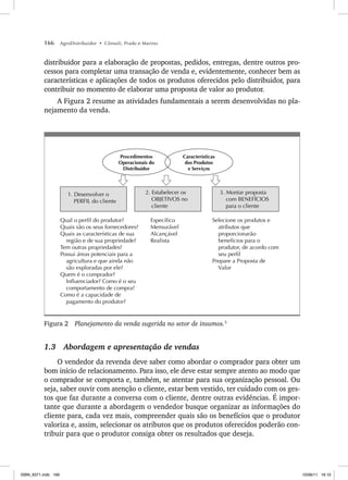 166 AgroDistribuidor • Cônsoli, Prado e Marino
distribuidor para a elaboração de propostas, pedidos, entregas, dentre outros pro-
cessos para completar uma transação de venda e, evidentemente, conhecer bem as
características e aplicações de todos os produtos oferecidos pelo distribuidor, para
contribuir no momento de elaborar uma proposta de valor ao produtor.
A Figura 2 resume as atividades fundamentais a serem desenvolvidas no pla-
nejamento da venda.
3. Montar proposta
com BENEFÍCIOS
para o cliente
2. Estabelecer os
OBJETIVOS no
cliente
1. Desenvolver o
PERFIL do cliente
Características
dos Produtos
e Serviços
Procedimentos
Operacionais do
Distribuidor
Específico
Mensurável
Alcançável
Realista
Selecione os produtos e
atributos que
proporcionarão
benefícios para o
produtor, de acordo com
seu perfil
Prepare a Proposta de
Valor
Qual o perfil do produtor?
Quais são os seus fornecedores?
Quais as características de sua
região e de sua propriedade?
Tem outras propriedades?
Possui áreas potenciais para a
agricultura e que ainda não
são exploradas por ele?
Quem é o comprador?
Influenciador? Como é o seu
comportamento de compra?
Como é a capacidade de
pagamento do produtor?
Figura 2 Planejamento da venda sugerida no setor de insumos.3
1.3 Abordagem e apresentação de vendas
O vendedor da revenda deve saber como abordar o comprador para obter um
bom início de relacionamento. Para isso, ele deve estar sempre atento ao modo que
o comprador se comporta e, também, se atentar para sua organização pessoal. Ou
seja, saber ouvir com atenção o cliente, estar bem vestido, ter cuidado com os ges-
tos que faz durante a conversa com o cliente, dentre outras evidências. É impor-
tante que durante a abordagem o vendedor busque organizar as informações do
cliente para, cada vez mais, compreender quais são os benefícios que o produtor
valoriza e, assim, selecionar os atributos que os produtos oferecidos poderão con-
tribuir para que o produtor consiga obter os resultados que deseja.
ISBN_6371.indb 166
ISBN_6371.indb 166 10/06/11 16:10
10/06/11 16:10
 