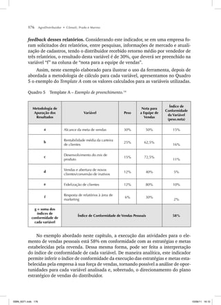 176 AgroDistribuidor • Cônsoli, Prado e Marino
feedback desses relatórios. Considerando este indicador, se em uma empresa fo-
ram solicitados dez relatórios, entre pesquisas, informações de mercado e atuali-
zação de cadastros, tendo o distribuidor recebido retorno médio por vendedor de
três relatórios, o resultado desta variável é de 30%, que deverá ser preenchido na
variável “f” na coluna de “nota para a equipe de vendas”.
Assim, neste exemplo elaborado para ilustrar o uso da ferramenta, depois de
abordada a metodologia de cálculo para cada variável, apresentamos no Quadro
5 o exemplo do Template A com os valores calculados para as variáveis utilizadas.
Quadro 5 Template A – Exemplo de preenchimento.14
Metodologia de
Apuração dos
Resultados
Variável Peso
Nota para
a Equipe de
Vendas
Índice de
Conformidade
da Variável
(peso.nota)
a Alcance da meta de vendas 30% 50% 15%
b
Rentabilidade média da carteira
de clientes
25% 62,5%
16%
c
Desenvolvimento do mix de
produto
15% 72,5%
11%
d
Vendas e abertura de novos
clientes/conversão de inativos
12% 40% 5%
e Fidelização de clientes 12% 80% 10%
f
Resposta de relatórios à área de
marketing
6% 30%
2%
g = soma dos
índices de
conformidade de
cada variável
Índice de Conformidade de Vendas Pessoais 58%
No exemplo abordado neste capítulo, a execução das atividades para o ele-
mento de vendas pessoais está 58% em conformidade com as estratégias e metas
estabelecidas pela revenda. Dessa mesma forma, pode ser feita a interpretação
do índice de conformidade de cada variável. De maneira analítica, este indicador
permite inferir o índice de conformidade da execução das estratégias e metas esta-
belecidas pela empresa à sua força de vendas, tornando possível a análise de opor-
tunidades para cada variável analisada e, sobretudo, o direcionamento do plano
estratégico de vendas do distribuidor.
ISBN_6371.indb 176
ISBN_6371.indb 176 10/06/11 16:10
10/06/11 16:10
 