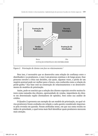 Gestão de clientes e relacionamentos: implementação de processos focados em clientes especiais 189
Frustração do
Distribuidor
Parceria
Estratégica
Vendas
Tradicionais
Frustração do
Produtor
Confiança − Tempo
Comprometimento − Ética
Baixa Alta
INTENÇÃO ESTRATÉGICA DO DISTRIBUIDOR
Baixa
Alta
INTENÇÃO
ESTRATÉGICA
DO
PRODUTOR
Figura 2 Priorização de clientes com foco no relacionamento.3
Para isso, é necessário que se desenvolva uma relação de confiança entre o
distribuidor e os produtores, e esse é um processo contínuo e de longo prazo. Esse
processo envolve a ética nas decisões, nas quais, algumas vezes, a perda de um
negócio pontual pode ser melhor para o futuro, esta conhecida como a relação do
perde-ganha.4
Sua base está na construção de relacionamentos e no desenvolvi-
mento de modelos de priorização.
Assim, pode-se concluir que a seleção dos clientes especiais envolve muitos fa-
tores como tamanho dos clientes, oportunidade de vendas, importância do clien-
te em determinada região (formadores de opinião), bem como sua análise de
crédito.
O Quadro 2 apresenta um exemplo de um modelo de priorização, no qual vá-
rios produtores foram avaliados em relação a cada quesito considerado importan-
te pela revenda em questão. Foram atribuídas notas, em que sua soma resulta no
índice de prioridade, o qual torna mais fácil identificar quais produtores merecem
mais atenção.
ISBN_6371.indb 189
ISBN_6371.indb 189 10/06/11 16:11
10/06/11 16:11
 