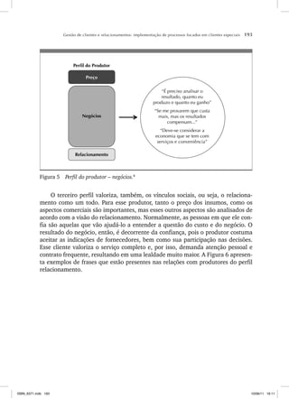 Gestão de clientes e relacionamentos: implementação de processos focados em clientes especiais 193
Relacionamento
Negócios
Preço
Perfil do Produtor
“É preciso analisar o
resultado, quanto eu
produzo e quanto eu ganho”
“Se me provarem que custa
mais, mas os resultados
compensam...”
“Deve-se considerar a
economia que se tem com
serviços e conveniência”
Figura 5 Perfil do produtor – negócios.8
O terceiro perfil valoriza, também, os vínculos sociais, ou seja, o relaciona-
mento como um todo. Para esse produtor, tanto o preço dos insumos, como os
aspectos comerciais são importantes, mas esses outros aspectos são analisados de
acordo com a visão do relacionamento. Normalmente, as pessoas em que ele con-
fia são aquelas que vão ajudá-lo a entender a questão do custo e do negócio. O
resultado do negócio, então, é decorrente da confiança, pois o produtor costuma
aceitar as indicações de fornecedores, bem como sua participação nas decisões.
Esse cliente valoriza o serviço completo e, por isso, demanda atenção pessoal e
contrato frequente, resultando em uma lealdade muito maior. A Figura 6 apresen-
ta exemplos de frases que estão presentes nas relações com produtores do perfil
relacionamento.
ISBN_6371.indb 193
ISBN_6371.indb 193 10/06/11 16:11
10/06/11 16:11
 