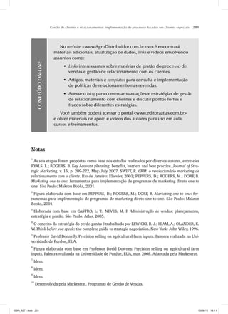 Gestão de clientes e relacionamentos: implementação de processos focados em clientes especiais 201
CONTEÚDO
ON-LINE
No website www.AgroDistribuidor.com.br você encontrará
materiais adicionais, atualização de dados, links e vídeos envolvendo
assuntos como:
• Links interessantes sobre matérias de gestão do processo de
vendas e gestão de relacionamento com os clientes.
• Artigos, materiais e templates para consulta e implementação
de políticas de relacionamento nas revendas.
• Acesse o blog para comentar suas ações e estratégias de gestão
de relacionamento com clientes e discutir pontos fortes e
fracos sobre diferentes estratégias.
Você também poderá acessar o portal www.editoraatlas.com.br
e obter materiais de apoio e vídeos dos autores para uso em aula,
cursos e treinamentos.
Notas
1
As seis etapas foram propostas como base nos estudos realizados por diversos autores, entre eles
RYALS, L.; ROGERS, B. Key Account planning: benefits, barriers and best practice. Journal of Stra-
tegic Marketing, v. 15, p. 209-222, May/July 2007. SWIFT, R. CRM: o revolucionário marketing de
relacionamento com o cliente. Rio de Janeiro: Elsevier, 2001; PEPPERS, D.; ROGERS, M.; DORF, B.
Marketing one to one: ferramentas para implementação de programas de marketing direto one to
one. São Paulo: Makron Books, 2001.
2
Figura elaborada com base em PEPPERS, D.; ROGERS, M.; DORF, B. Marketing one to one: fer-
ramentas para implementação de programas de marketing direto one to one. São Paulo: Makron
Books, 2001.
3
Elaborada com base em CASTRO, L. T.; NEVES, M. F. Administração de vendas: planejamento,
estratégia e gestão. São Paulo: Atlas, 2005.
4
O conceito da estratégia do perde-ganha é trabalhado por LEWICKI, R. J.; HIAM, A.; OLANDER, K.
W. Think before you speak: the complete guide to strategic negotiation. New York: John Wiley, 1996.
5
Professor David Donnelly. Precision selling on agricultural farm inputs. Palestra realizada na Uni-
versidade de Purdue, EUA.
6
Figura elaborada com base em Professor David Downey. Precision selling on agricultural farm
inputs. Palestra realizada na Universidade de Purdue, EUA, mar. 2008. Adaptada pela Markestrat.
7
Idem.
8
Idem.
9
Idem.
10
Desenvolvida pela Markestrat. Programas de Gestão de Vendas.
ISBN_6371.indb 201
ISBN_6371.indb 201 10/06/11 16:11
10/06/11 16:11
 