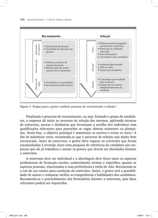 208 AgroDistribuidor • Cônsoli, Prado e Marino
s !MBIENTE DESCONTRAÓDO
s /LHO NO OLHO
s %SPA O PARA PERGUNTAS
s #OMUNIQUE QUE RESULTADO
SAIRÉ EM BREVE
s 3EMPRE DÐ UM RETORNO
INDEPENDENTEMENTE DO
RESULTADO
s %LABORE POSSÓVEIS PERGUNTAS
PROFISSIONAIS E PESSOAIS
s %NTREVISTA EM AMBIENTE
RESERVADO
s 3EM INTERRUP ÜES
s 5SE ROTEIRO E FA A ANOTA ÜES
s 0OLÓTICAS E PRÉTICAS DE
REPOSICIONAMENTO
s )DENTIFICA ÎO DAS FONTES
EXTERNAS DE RECRUTAMENTO
s 4RANSFERÐNCIAS E PROMO ÜES
s 2ECRUTAMENTO FONTE EXTERNA
s 1UANTIDADE DE PESSOAS
s 1UALIDADE DE FORMA ÎO DAS
PESSOAS
Recrutamento Seleção
$EPOIS
$URANTE
!NTES
!BERTURA
DE
VAGAS
!TRAIR
PESSOAS
/PERA
ÜES
DA
EMPRESA
Figura 1 Etapas para o gestor conduzir processo de recrutamento e seleção.7
Finalizado o processo de recrutamento, ou seja, formado o grupo de candida-
tos, a empresa dá início ao processo de seleção dos mesmos, aplicando técnicas
de entrevista, provas e dinâmicas que favoreçam a escolha dos indivíduos com
qualificações relevantes para preencher as vagas abertas existentes ou planeja-
das. Nesta fase, o objetivo principal é maximizar os acertos e evitar os erros.8
A
fim de minimizar erros, recomenda-se que o processo de seleção seja muito bem
estruturado. Antes da entrevista, o gestor deve separar os currículos que foram
encaminhados à revenda, fazer uma pesquisa de referência do candidato nas em-
presas que ele já trabalhou e anotar os pontos que devem ser abordados durante
a entrevista.
A entrevista deve ser individual e a abordagem deve focar tanto os aspectos
profissionais de formação escolar, conhecimento técnico e específico, quanto os
aspectos pessoais, relacionados à suas preferências e estilo de vida. Recomenda-se
o uso de um roteiro para condução da entrevista. Assim, o gestor terá a possibili-
dade de anotar e comparar melhor as competências e habilidades dos candidatos.
Recomenda-se o preenchimento dos formulários durante a entrevista, pois fatos
relevantes podem ser esquecidos.
ISBN_6371.indb 208
ISBN_6371.indb 208 10/06/11 16:11
10/06/11 16:11
 
