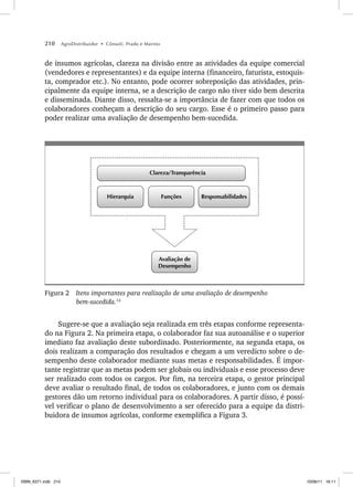 210 AgroDistribuidor • Cônsoli, Prado e Marino
de insumos agrícolas, clareza na divisão entre as atividades da equipe comercial
(vendedores e representantes) e da equipe interna (financeiro, faturista, estoquis-
ta, comprador etc.). No entanto, pode ocorrer sobreposição das atividades, prin-
cipalmente da equipe interna, se a descrição de cargo não tiver sido bem descrita
e disseminada. Diante disso, ressalta-se a importância de fazer com que todos os
colaboradores conheçam a descrição do seu cargo. Esse é o primeiro passo para
poder realizar uma avaliação de desempenho bem-sucedida.
Responsabilidades
Funções
Hierarquia
Clareza/Transparência
Avaliação de
Desempenho
Figura 2 Itens importantes para realização de uma avaliação de desempenho
bem-sucedida.12
Sugere-se que a avaliação seja realizada em três etapas conforme representa-
do na Figura 2. Na primeira etapa, o colaborador faz sua autoanálise e o superior
imediato faz avaliação deste subordinado. Posteriormente, na segunda etapa, os
dois realizam a comparação dos resultados e chegam a um veredicto sobre o de-
sempenho deste colaborador mediante suas metas e responsabilidades. É impor-
tante registrar que as metas podem ser globais ou individuais e esse processo deve
ser realizado com todos os cargos. Por fim, na terceira etapa, o gestor principal
deve avaliar o resultado final, de todos os colaboradores, e junto com os demais
gestores dão um retorno individual para os colaboradores. A partir disso, é possí-
vel verificar o plano de desenvolvimento a ser oferecido para a equipe da distri-
buidora de insumos agrícolas, conforme exemplifica a Figura 3.
ISBN_6371.indb 210
ISBN_6371.indb 210 10/06/11 16:11
10/06/11 16:11
 