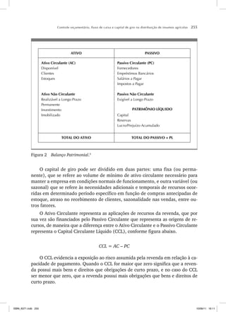Controle orçamentário, fluxo de caixa e capital de giro na distribuição de insumos agrícolas 255
ATIVO PASSIVO
Ativo Circulante (AC) Passivo Circulante (PC)
Disponível Fornecedores
Clientes Empréstimos Bancários
Estoques Salários a Pagar
Impostos a Pagar
Ativo Não Circulante Passivo Não Circulante
Realizável a Longo Prazo Exigível a Longo Prazo
Permanente
Investimento PATRIMÔNIO LÍQUIDO
Imobilizado Capital
Reservas
Lucro/Prejuízo Acumulado
TOTAL DO ATIVO TOTAL DO PASSIVO + PL
Figura 2 Balanço Patrimonial.5
O capital de giro pode ser dividido em duas partes: uma fixa (ou perma-
nente), que se refere ao volume de mínimo de ativo circulante necessário para
manter a empresa em condições normais de funcionamento, e outra variável (ou
sazonal) que se refere às necessidades adicionais e temporais de recursos ocor-
ridas em determinado período específico em função de compras antecipadas de
estoque, atraso no recebimento de clientes, sazonalidade nas vendas, entre ou-
tros fatores.
O Ativo Circulante representa as aplicações de recursos da revenda, que por
sua vez são financiados pelo Passivo Circulante que representa as origens de re-
cursos, de maneira que a diferença entre o Ativo Circulante e o Passivo Circulante
representa o Capital Circulante Líquido (CCL), conforme figura abaixo.
CCL = AC – PC
O CCL evidencia a exposição ao risco assumida pela revenda em relação à ca-
pacidade de pagamento. Quando o CCL for maior que zero significa que a reven-
da possui mais bens e direitos que obrigações de curto prazo, e no caso do CCL
ser menor que zero, que a revenda possui mais obrigações que bens e direitos de
curto prazo.
ISBN_6371.indb 255
ISBN_6371.indb 255 10/06/11 16:11
10/06/11 16:11
 