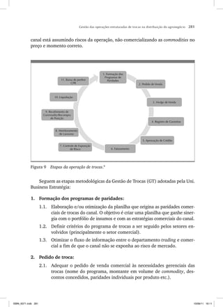 Gestão das operações estruturadas de trocas na distribuição do agronegócio 281
canal está assumindo riscos da operação, não comercializando as commodities no
preço e momento correto.
1. Formação dos
Programas de
Paridades
11. Baixa de penhor
CPR
8. Monitoramento
de Lavouras
7. Controle de Exposição
de Risco 6. Faturamento
5. Aprovação de Crédito
4. Registro de Garantias
3. Hedge de Venda
2. Pedido de Venda
10. Liquidação
9. Recebimento de
Commodity/Recompra
de Posição
Figura 9 Etapas da operação de trocas.9
Seguem as etapas metodológicas da Gestão de Trocas (GT) adotadas pela Uni.
Business Estratégia:
1. Formação dos programas de paridades:
1.1. Elaboração e/ou otimização da planilha que origina as paridades comer-
ciais de trocas do canal. O objetivo é criar uma planilha que ganhe siner-
gia com o portfólio de insumos e com as estratégias comerciais do canal.
1.2. Definir critérios do programa de trocas a ser seguido pelos setores en-
volvidos (principalmente o setor comercial).
1.3. Otimizar o fluxo de informação entre o departamento trading e comer-
cial a fim de que o canal não se exponha ao risco de mercado.
2. Pedido de troca:
2.1. Adequar o pedido de venda comercial às necessidades gerenciais das
trocas (nome do programa, montante em volume de commodity, des-
contos concedidos, paridades individuais por produto etc.).
ISBN_6371.indb 281
ISBN_6371.indb 281 10/06/11 16:11
10/06/11 16:11
 