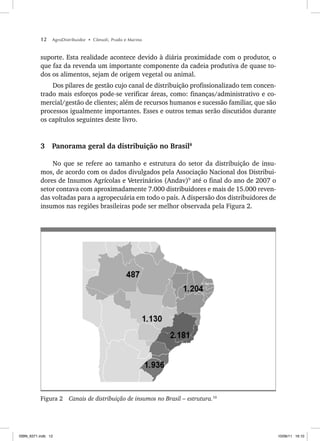 12 AgroDistribuidor • Cônsoli, Prado e Marino
suporte. Esta realidade acontece devido à diária proximidade com o produtor, o
que faz da revenda um importante componente da cadeia produtiva de quase to-
dos os alimentos, sejam de origem vegetal ou animal.
Dos pilares de gestão cujo canal de distribuição profissionalizado tem concen-
trado mais esforços pode-se verificar áreas, como: finanças/administrativo e co-
mercial/gestão de clientes; além de recursos humanos e sucessão familiar, que são
processos igualmente importantes. Esses e outros temas serão discutidos durante
os capítulos seguintes deste livro.
3 Panorama geral da distribuição no Brasil8
No que se refere ao tamanho e estrutura do setor da distribuição de insu-
mos, de acordo com os dados divulgados pela Associação Nacional dos Distribui-
dores de Insumos Agrícolas e Veterinários (Andav)9
até o final do ano de 2007 o
setor contava com aproximadamente 7.000 distribuidores e mais de 15.000 reven-
das voltadas para a agropecuária em todo o país. A dispersão dos distribuidores de
insumos nas regiões brasileiras pode ser melhor observada pela Figura 2.
Figura 2 Canais de distribuição de insumos no Brasil – estrutura.10
ISBN_6371.indb 12
ISBN_6371.indb 12 10/06/11 16:10
10/06/11 16:10
 
