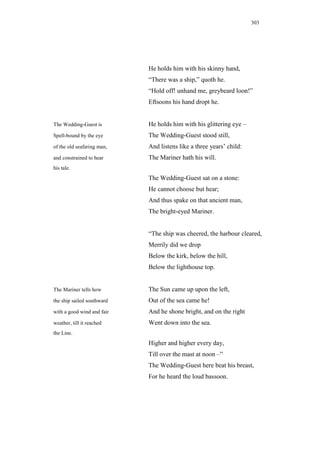 303




                            He holds him with his skinny hand,
                            “There was a ship,” quoth he.
                            “Hold off! unhand me, greybeard loon!”
                            Eftsoons his hand dropt he.


The Wedding-Guest is        He holds him with his glittering eye –
Spell-bound by the eye      The Wedding-Guest stood still,
of the old seafaring man,   And listens like a three years’ child:
and constrained to hear     The Mariner hath his will.
his tale.
                            The Wedding-Guest sat on a stone:
                            He cannot choose but hear;
                            And thus spake on that ancient man,
                            The bright-eyed Mariner.


                            “The ship was cheered, the harbour cleared,
                            Merrily did we drop
                            Below the kirk, below the hill,
                            Below the lighthouse top.


The Mariner tells how       The Sun came up upon the left,
the ship sailed southward   Out of the sea came he!
with a good wind and fair   And he shone bright, and on the right
weather, till it reached    Went down into the sea.
the Line.
                            Higher and higher every day,
                            Till over the mast at noon –”
                            The Wedding-Guest here beat his breast,
                            For he heard the loud bassoon.
 