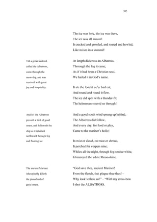 305




                          The ice was here, the ice was there,
                          The ice was all around:
                          It cracked and growled, and roared and howled,
                          Like noises in a swound!


Till a gread seabird,     At length did cross an Albatross,
called the Albatross,     Thorough the fog it came;
came through the          As if it had been a Christian soul,
snow-fog, and was         We hailed it in God’s name.
received with great
joy and hospitality.      It ate the food it ne’er had eat,
                          And round and round it flew.
                          The ice did split with a thunder-fit;
                          The helmsman steered us through!


And lo! the Albatross     And a good south wind sprung up behind;
proveth a bird of good    The Albatross did follow,
omen, and followeth the   And every day, for food or play,
ship as it returned       Came to the mariner’s hollo!
northward through fog
and floating ice.         In mist or cloud, on mast or shroud,
                          It perched for vespers nine;
                          Whiles all the night, through fog-smoke white,
                          Glimmered the white Moon-shine.


The ancient Mariner       “God save thee, ancient Mariner!
inhospitably killeth      From the fiends, that plague thee thus! –
the pious bird of         Why look’st thou so?” – “With my cross-bow
good omen.                I shot the ALBATROSS.
 