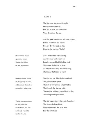 306




                               PART II


                              The Sun now rose upon the right:
                              Out of the sea came he,
                              Still hid in mist, and on the left
                              Went down into the sea.


                              And the good south wind still blew behind,
                              But no sweet bird did follow,
                              Nor any day for food or play
                              Came to the mariners’ hollo!


His shipmates cry out         And I had done a hellish thing,
against the ancient           And it would work ’em woe:
Mariner, for killing          For all averred, I had killed the bird
the bird of good luck.        That made the breeze to blow.
                              Ah wretch! said they, the bird to slay,
                              That made the breeze to blow!


But when the fog cleared      Nor dim nor red, like God’s own head,
off, they justify the same,   The glorious Sun uprist:
and thus make themselves      Then all averred, I had killed the bird
accomplices in the crime.     That brough the fog and mist.
                              ’Twas right, said they, such birds to slay,
                              That bring the fog and mist.


The fair breeze continues;    The fair breeze blew, the white foam flew,
the ship enters the           The furrow followed free;
Pacific Ocean, and sails      We were the first that ever burst
northward, even till it       Into that silent sea.
reaches the Line.
 
