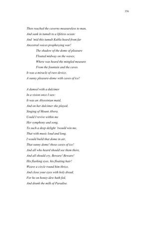 356




Then reached the caverns measureless to man,
And sank in tumult to a lifeless ocean:
And ’mid this tumult Kubla heard from far
Ancestral voices prophesying war!
       The shadow of the dome of pleasure
       Floated midway on the waves;
       Where was heard the mingled measure
       From the fountain and the caves.
It was a miracle of rare device,
A sunny pleasure-dome with caves of ice!


A damsel with a dulcimer
In a vision once I saw:
It was an Abyssinian maid,
And on her dulcimer she played,
Singing of Mount Abora.
Could I revive within me
Her symphony and song,
To such a deep delight ’twould win me,
That with music loud and long,
I would build that dome in air,
That sunny dome! those caves of ice!
And all who heard should see them there,
And all should cry, Beware! Beware!
His flashing eyes, his floating hair!
Weave a circle round him thrice,
And close your eyes with holy dread,
For he on honey-dew hath fed,
And drunk the milk of Paradise.
 