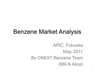 Benzene Market Analysis APIC, Fukuoka   May, 2011 By CNEXT BenzeneTeam (Mili & Alice) 1 