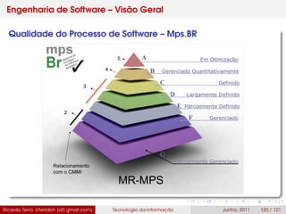 Engenharia de Software – Visão Geral
Qualidade do Processo de Software – Mps.BR
Ricardo Terra (rterrabh [at] gmail.com) Tecnologia da Informação Junho, 2011 120 / 121
 