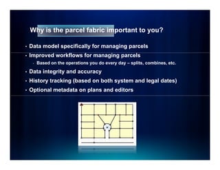 Why is the parcel fabric important to you?

•   Data model specifically for managing parcels
•   Improved workflows for managing parcels
     -   Based on the operations you do every day – splits, combines, etc.

•   Data integrity and accuracy
             g y              y
•   History tracking (based on both system and legal dates)
•   Optional metadata on plans and editors
 