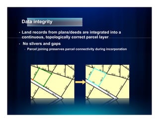 Data integrity

•   Land records from plans/deeds are integrated into a
    continuous, topologically correct parcel layer
•   No slivers and gaps
     -   Parcel joining preserves parcel connectivity during incorporation
 