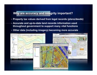 Why are accuracy and integrity important?
•   Property tax values derived from legal records (plans/deeds)
•   Accurate and up-to-date land records information used
    throughout government to support many vital functions
•   Other data (including imagery) becoming more accurate
 