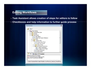 Editing Workflows

•   Task Assistant allows creation of steps for editors to follow
•   Checkboxes and help information to further guide process
 
