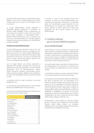 CORPORATE GOVERNANCE | 53




Direction de CFE et exerce divers mandats d’Administrateur       Il convient en outre de faire remarquer qu’une auto-
délégué au sein de CFE et d’Administrateur dans d’autres         évaluation du travail du Conseil d’Administration sera
sociétés actives dans le secteur de l’immobilier et de la        organisée durant la première moitié de 2012. La procédure
construction.                                                    partira d’un questionnaire auquel répondront tous les
                                                                 Administrateurs. Les résultats du questionnaire seront
Le Conseil d’Administration propose également à                  ensuite examinés et feront l’objet d’une analyse plus
l’assemblée générale d’approuver la nomination de                approfondie lors d’une réunion ultérieure du Conseil
Monsieur William BLOMME comme co-représentant du                 d’Administration.
commissaire de la société, la société civile sous la forme
d’une société coopérative à responsabilité limitée «
DELOITTE réviseurs d’entreprises » qui , à compter du 1er
janvier 2012, sera représentée pour le reste de la durée du
mandat de commissaire par Messieurs Kurt DEHOORNE et/
                                                                 5. Comités institués
ou William BLOMME.                                                  par le Conseil d’Administration
Activités du Conseil d’Administration                            a) Le Comité d’audit
Le Conseil d’Administration s’est réuni six fois en 2011. Une    Conformément au Code des Sociétés, le Comité d’audit
réunion a essentiellement porté sur le budget de 2011,           veille au processus de reporting ﬁnancier, à l’eﬃcacité des
deux autres réunions ont surtout abordé l’établissement          systèmes de contrôle interne et à la gestion des risques de
des comptes annuels au 31 décembre 2010 et des comptes           la société, à l’audit interne, au contrôle légal des comptes
semestriels au 30 juin 2011. Une réunion a exclusivement         annuels et des comptes consolidés et à l’indépendance du
porté sur le plan 2010 de stock-options, reporté, et une         Commissaire. Le règlement intérieur du Comité d’audit est
autre sur le reﬁnancement du Groupe.                             repris dans la Charte Corporate Governance.

Lors de chaque réunion, une attention particulière a             Le Comité d’audit compte cinq membres. Tous les membres
également été accordée à l’évolution de la situation par         sont Administrateurs non exécutifs et l’un d’entre eux, à
département et aux principaux dossiers en cours en matière       savoir le Président, est indépendant au sens du Code des
d’acquisitions et/ou de désinvestissements. D’autres             Sociétés.
thèmes (ressources humaines, communication externe,
litiges et questions juridiques, délégation des compétences      Le secrétariat du Comité est assuré par Monsieur Philippe
et cetera) y ont été abordés lorsque cela s’avérait nécessaire   Jous, Corporate General Counsel & General Secretary.
ou utile.
                                                                 La composition du Comité d’audit répond aux dispositions
La procédure écrite de prise de décisions n’a pas été            des statuts de Recticel SA et aux prescriptions en la
appliquée en 2011.                                               matière du Code des Sociétés, mais n’est pas conforme au
                                                                 principe 5.2./4. du Code belge de Corporate Governance
Le secrétariat du Conseil d’Administration a été assuré par      2009 selon lequel la majorité au moins des membres du
Monsieur Dirk VERBRUGGEN, Company Secretary.                     comité d’audit doivent être indépendants. Toutefois, le
                                                                 Conseil d’Administration de Recticel estime que Messieurs
Le pourcentage individuel de présence des Administrateurs        DAVIGNON et VANDEPOEL ont prouvé de facto leur
aux réunions en 2011 a été le suivant:                           indépendance même s’ils ne répondent plus aux conditions
                                                                 d’indépendance du seul et unique fait que leur mandat
 NOM                                TAUX DE PRESENCE EN      d’Administrateur dépasse le délai de 12 ans.
Etienne DAVIGNON                                           6/6
                                                                 Conformément à l’article 526bis du Code des Sociétés,
Guy PAQUOT                                                 5/6
                                                                 Recticel SA déclare que le Président du Comité d’audit,
Luc VANSTEENKISTE                                          5/6
                                                                 Monsieur André Bergen, répond aux conditions
Olivier CHAPELLE                                           6/6
                                                                 d’indépendance et qu’il possède l’expertise nécessaire dans
Pol BAMELIS                                                2/2
                                                                 le domaine de la comptabilité et de l’audit.
André BERGEN                                               3/4
Pierre Alain DE SMEDT                                      2/4
Vincent DOUMIER                                            5/6
Wilfried VANDEPOEL                                         5/6
Tonny VAN DOORSLAER                                        5/6
Louis VERBEKE                                              6/6
Klaus WENDEL                                               1/2
Luc WILLAME                                                5/6
Jacqueline ZOETE                                           5/6
 