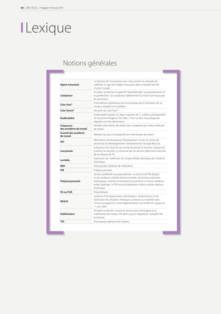 62 | RECTICEL | Rapport Annuel 2011




   Lexique

                                  Notions générales

                                                          La réaction de l’isocyanate avec l’eau produit du dioxyde de
                               Agent moussant             carbone. Ce gaz sert d’agent moussant dans la production de
                                                          mousse souple.
                                                          Accélère la réaction et garantit l’équilibre dans la polymérisation et
                               Catalyseur                 le gonflement. Les catalyseurs déterminent la vitesse de moussage
                                                          du processus.
                                                          Polyuréthane aliphatique qui se distingue par la résistance de sa
                               Colo-Fast®
                                                          couleur (stabilité à la lumière).
                               Colo-Sense®                Variante du Colo-Fast®.
                                                          Dodécaèdre régulier ou figure spatiale de 12 surfaces pentagonales,
                               Dodécaèdre                 20 sommets d’angle et 30 côtés. C’est l’un des cinq polygones
                                                          réguliers en trois dimensions.
                               Fréquence                  Nombre d’accidents de travail avec incapacité par million d’heures
                               des accidents de travail   de travail.
                               Gravité des accidents
                                                          Nombre de jours d’incapacité par mille heures de travail.
                               de travail
                                                          Abréviation d’International Development Center, le centre de
                               IDC
                                                          recherche et développement international du Groupe Recticel.
                                                          Substance très réactive qui se fixe facilement à d’autres substances
                               Isocyanate                 (comme les alcools). La structure de ces alcools détermine la dureté
                                                          de la mousse de PU.
                                                          Expression du coefficient de conductibilité thermique de l’isolation
                               Lambda
                                                          thermique.
                               MDI                        Diisocyanate diphényl de méthylène.
                               PIR                        Polyisocyanurate.
                                                          Version améliorée du polyuréthane. La mousse de PIR dispose
                                                          d’une meilleure stabilité dimensionnelle, de bonnes propriétés
                               Polyisocyanurate           mécaniques, comme la résistance à la pression, et d’une meilleure
                                                          action ignifuge. Le PIR est principalement utilisé comme isolation
                                                          thermique.
                               PU ou PUR                  Polyurethane.
                                                          Système d’“enregistrement, d’évaluation, d’autorisation et de
                                                          restriction des produits chimiques” produits ou importés dans
                               REACH
                                                          l’Union européenne. Cette réglementation est entrée en vigueur le
                                                          1er juin 2007.
                                                          Pendant la réaction, assure la construction homogène et la
                               Stabilisateur              stabilisation du réseau cellulaire jusqu’à l’apparition complète de
                                                          la mousse.
                               TDI                        Disocyanate diphenyl de toluène.
 