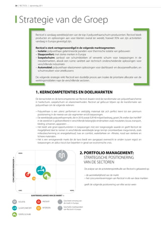 26 | RECTICEL | Jaarverslag 2011




                             Strategie van de Groep
                                                Recticel is vandaag wereldwijd een van de top-3 polyurethaanschuim-producenten. Recticel biedt
                                                producten en oplossingen aan voor klanten overal ter wereld, hoewel 95% van zijn activiteiten
                                                vandaag in Europa gevestigd zijn.

                                                Recticel is sterk vertegenwoordigd in de volgende marktsegmenten:
                                                − Isolatie: polyurethaan gelamineerde panelen voor thermische isolatie van gebouwen
                                                − Slaapcomfort: met sterke merken in Europa
                                                − Soepelschuim: aanbod van schuimblokken of verwerkt schuim voor toepassingen in de
                                                  meubelmarkten, alsook een ruime variëteit aan technisch onderscheidende oplossingen voor
                                                  verschillende industrieën
                                                − Automobiel: polyurethaan elastomeren oplossingen voor dashboard- en deurpaneelhuiden, en
                                                  schuimstukken voor zetelkussens

                                                De volgende strategie reikt Recticel een duidelijk proces aan inzake de prioritaire allocatie van de
                                                werkingsmiddelen naar de verschillende sectoren.



                                                1. KERNCOMPETENTIES EN DOELMARKTEN
                                                De kernactiviteit en de kerncompetentie van Recticel draaien rond de transformatie van polyurethaanchemie
                                                in hardschuim, soepelschuim en elastomeerhuiden. Recticel zal gefocust blijven op de transformatie van
                                                polyurethaan om de volgende redenen:

                                                − Polyurethaan is een uiterst performant en veelzijdig materiaal dat zich perfect leent tot een premium
                                                  positionering in de meeste van zijn segmenten en/of toepassingen.
                                                − De wereldwijde polyurethaanmarkt, die in 2010 zowat EUR 40 miljard bedroeg, groeit 2% sneller dan het BNP
                                                  in de wereld en is gediversiﬁeerd in verschillende belangrijke eindmarkten zoals meubelen, bouw, transport,
                                                  kleding, schoenen, apparaten …
                                                − Het biedt vele groei-opportuniteiten in toepassingen met een toegevoegde waarde en geeft Recticel de
                                                  mogelijkheid deel te nemen in verschillende wereldwijde lange termijn onomkeerbare mega-trends, zoals
                                                  milieubescherming en energiebehoud, luxe en comfort, waterbeheer en –ﬁltratie, nood aan sterkere en
                                                  lichtere materialen.
                                                − Het is een winstgevende markt die de kans biedt een aangepast evenwicht te vinden tussen regio’s en
                                                  toepassingen, en aldus risico’s kan beperken in geval van economische crisis.



                            HOOG                                                              2. PORTFOLIO MANAGEMENT:
                                                                                                 STRATEGISCHE POSITIONERING
CONCURRENTIEVERMOGEN >




                                                                                                 VAN DE SECTOREN
                                                                                                     De analyse van de activiteitenportefeuille van Recticel is gebaseerd op:

                                                                                                     – de aantrekkelijkheid van de markt
                                                                                                     – het concurrentievermogen van Recticel in elk van deze markten

                                                                                                     geeft de volgende positionering van elke sector weer:

                            LAAG                                                   HOOG


                                           AANTREKKELIJKHEID VAN DE MARKT >


                                                        PROSEAT             Geschatte omvang van
                            ISOLATIE
                                                                            de markt in Europa

                                                        INTERIORS           Geschatte marktaandeel
                            SLAAPCOMFORT
                                                                            van Recticel in Europa

                            SOEPELSCHUIM
 