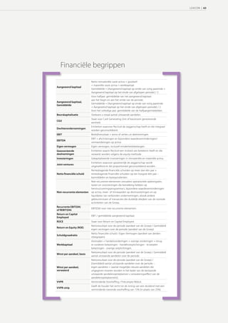 LEXICON | 63




   Financiële begrippen
                            Netto immateriële vaste activa + goodwill
                            + materiële vaste activa + werkkapitaal.
Aangewend kapitaal
                            Gemiddelde = [Aangewend kapitaal op einde van vorig jaareinde +
                            Aangewend kapitaal op het einde van afgelopen periode] / 2.
                            Voor halfjaar: gemiddelde van het aangewend kapitaal
                            aan het begin en aan het einde van de periode.
Aangewend kapitaal,
                            Gemiddelde = [Aangewend kapitaal op einde van vorig jaareinde
Gemiddelde
                            + Aangewend kapitaal op het einde van afgelopen periode] / 2.
                            Voor het volledige jaar: gemiddelde van de halfjaargemiddelden.
Beurskapitalisatie          Slotkoers x totaal aantal uitstaande aandelen.
                            Staat voor Cash Generating Unit of kasstroom genererende
CGU
                            eenheid.
                            Entiteiten waarover Recticel de zeggenschap heeft en die integraal
Dochterondernemingen
                            worden geconsolideerd.
EBIT                        Bedrijfsresultaat + winst of verlies uit deelnemingen.
                            EBIT + afschrijvingen en bijzondere waardeverminderingen/-
EBITDA
                            vermeerderingen op activa
Eigen vermogen              Eigen vermogen, inclusief minderheidsbelangen.
Geassocieerde               Entiteiten waarin Recticel een invloed van betekenis heeft en die
deelnemingen                verwerkt worden volgens de equity-methode.
Investeringen               Gekapitaliseerde investeringen in immateriële en materiële activa.
                            Entiteiten waarover gezamenlijk de zeggenschap wordt
Joint ventures
                            uitgeoefend en die proportioneel geconsolideerd worden.
                            Rentedragende financiële schulden op meer dan één jaar +
Netto ﬁnanciële schuld      rentedragende financiële schulden op ten hoogste één jaar –
                            kasmiddelen en kasequivalenten.
                            Niet-recurrente elementen omvatten operationele opbrengsten,
                            lasten en voorzieningen die betrekking hebben op
                            herstructureringsprogramma’s, bijzondere waardeverminderingen
Niet-recurrente elementen   op activa, meer- of minwaarden op desinvesteringen en op
                            liquidaties van verbonden ondernemingen, alsook andere
                            gebeurtenissen of transacties die duidelijk afwijken van de normale
                            activiteiten van de Groep.
Recurrente EBIT(DA)
                            EBIT(DA) voor niet-recurrente elementen.
of REBIT(DA)
Return on Capital
                            EBIT / gemiddelde aangewend kapitaal.
Employed
ROCE                        Staat voor Return on Capital Employed.
                            Nettoresultaat voor de periode (aandeel van de Groep) / Gemiddeld
Return on Equity (ROE)
                            eigen vermogen over de periode (aandeel van de Groep)
                            Netto financiële schuld / Eigen Vermogen (aandeel van derden
Schuldgraadratio
                            inbegrepen)
                            Voorraden + handelsvorderingen + overige vorderingen + terug
Werkkapitaal                te vorderen belastingen - handelsverplichtingen - te betalen
                            belastingen - overige verplichtingen.
                            Nettoresultaat voor de periode (aandeel van de Groep) / Gemiddeld
Winst per aandeel, basis
                            aantal uitstaande aandelen over de periode.
                            Nettoresultaat voor de periode (aandeel van de Groep) /
                            [Gemiddeld aantal uitstaande aandelen over de periode –
Winst per aandeel,          eigen aandelen + (aantal mogelijke nieuwe aandelen die
verwaterd                   uitgegeven moeten worden in het kader van de bestaande
                            uitstaande aandelenoptieplannen x verwateringseffect van de
                            aandelenoptieplannen)].
VVPR                        Verminderde Voorheffing / Précompte Réduit.
                            Geeft de houder het recht tot de inning van een dividend met een
VVPR-strip
                            verminderde roerende voorheffing van 15% (in plaats van 25%).
 
