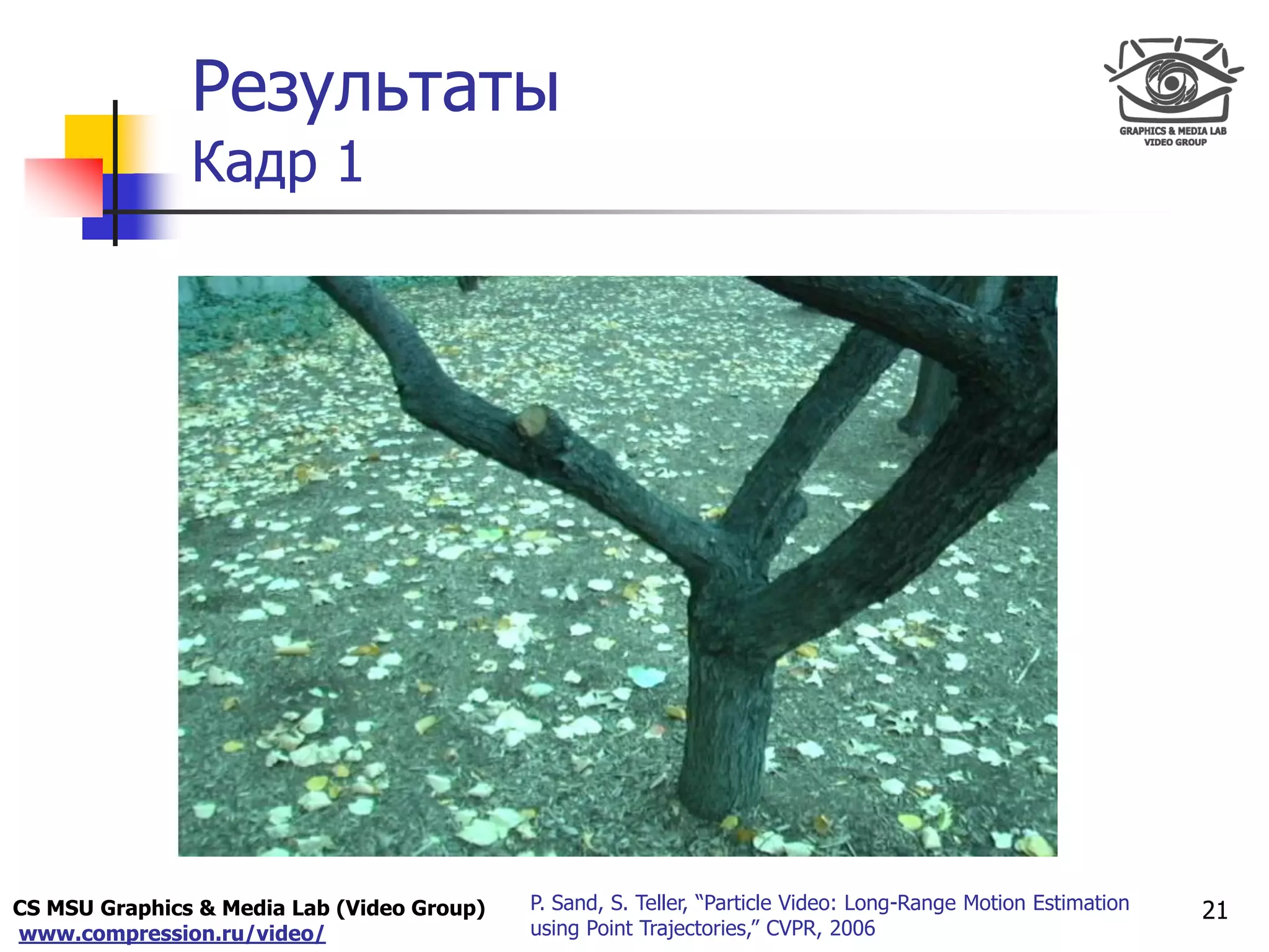 CS MSU Graphics & Media Lab (Video Group)
www.compression.ru/video/
Only for
Maxus 
Результаты
Кадр 1
21P. Sand, S. Teller, “Particle Video: Long-Range Motion Estimation
using Point Trajectories,” CVPR, 2006
 