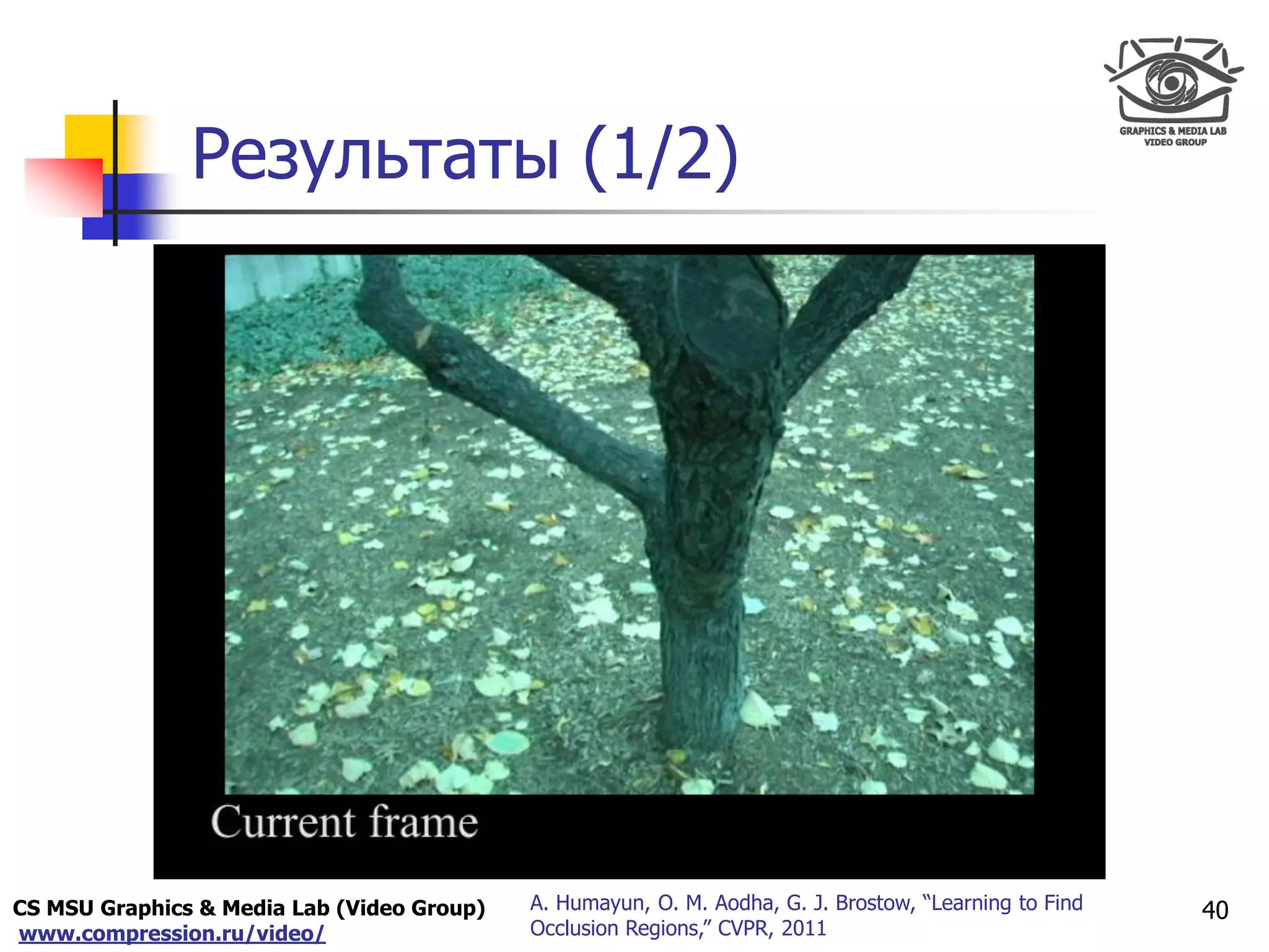 CS MSU Graphics & Media Lab (Video Group)
www.compression.ru/video/
Only for
Maxus 
Результаты (1/2)
40A. Humayun, O. M. Aodha, G. J. Brostow, “Learning to Find
Occlusion Regions,” CVPR, 2011
 