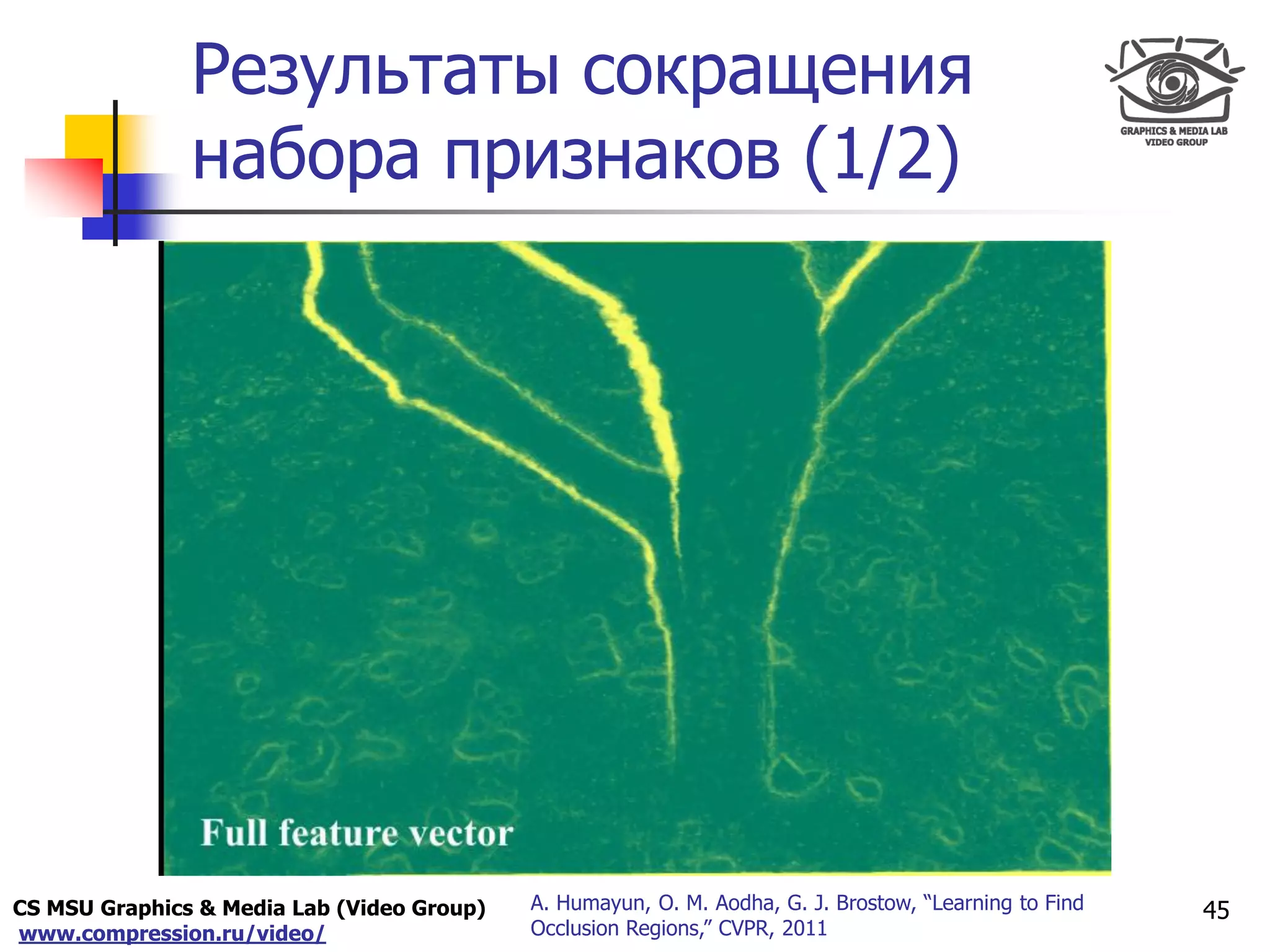 CS MSU Graphics & Media Lab (Video Group)
www.compression.ru/video/
Only for
Maxus 
Результаты сокращения
набора признаков (1/2)
45A. Humayun, O. M. Aodha, G. J. Brostow, “Learning to Find
Occlusion Regions,” CVPR, 2011
 