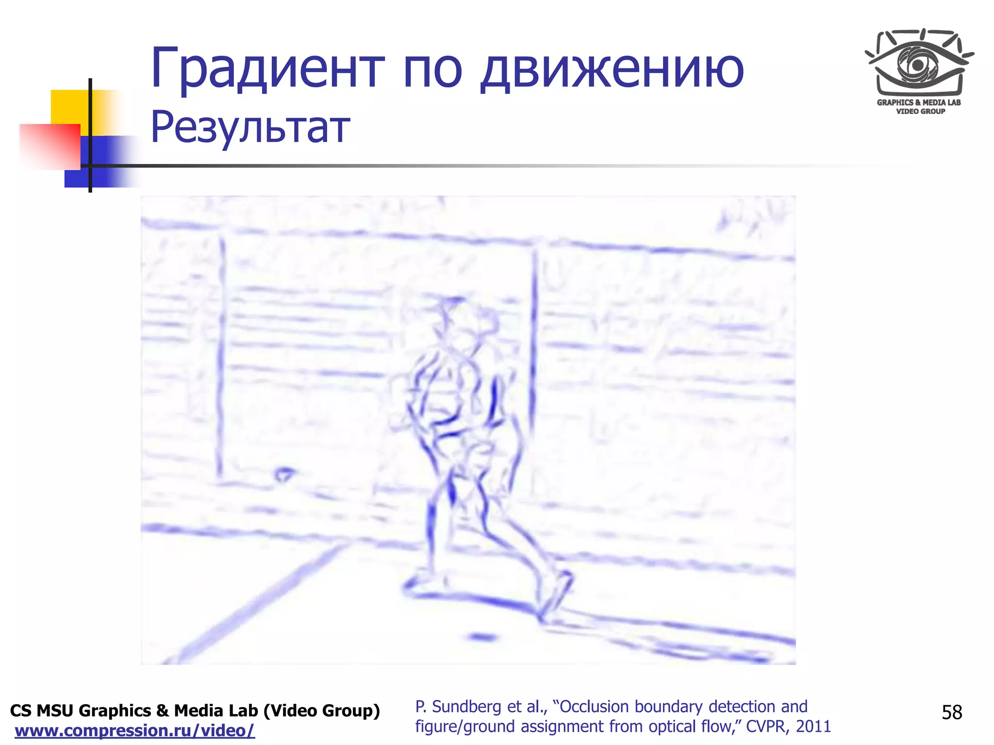 CS MSU Graphics & Media Lab (Video Group)
www.compression.ru/video/
Only for
Maxus 
Градиент по движению
Результат
58P. Sundberg et al., “Occlusion boundary detection and
figure/ground assignment from optical flow,” CVPR, 2011
 