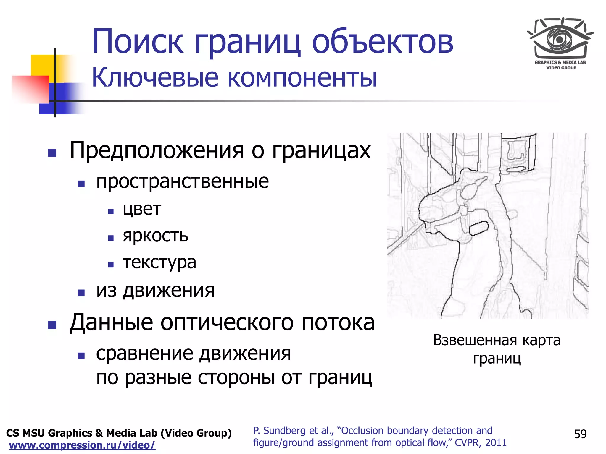 CS MSU Graphics & Media Lab (Video Group)
www.compression.ru/video/
Only for
Maxus 
Поиск границ объектов
Ключевые компоненты
59P. Sundberg et al., “Occlusion boundary detection and
figure/ground assignment from optical flow,” CVPR, 2011
 Предположения о границах
 пространственные
 цвет
 яркость
 текстура
 из движения
 Данные оптического потока
 сравнение движения
по разные стороны от границ
Взвешенная карта
границ
 