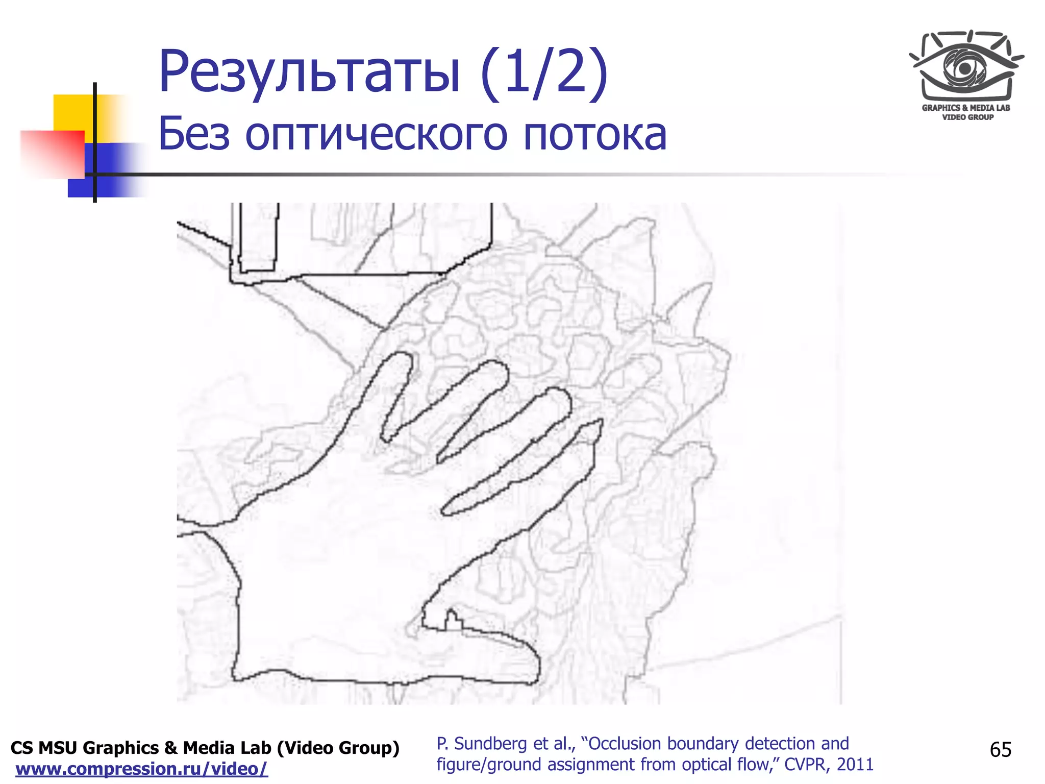 CS MSU Graphics & Media Lab (Video Group)
www.compression.ru/video/
Only for
Maxus 
Результаты (1/2)
Без оптического потока
65P. Sundberg et al., “Occlusion boundary detection and
figure/ground assignment from optical flow,” CVPR, 2011
 