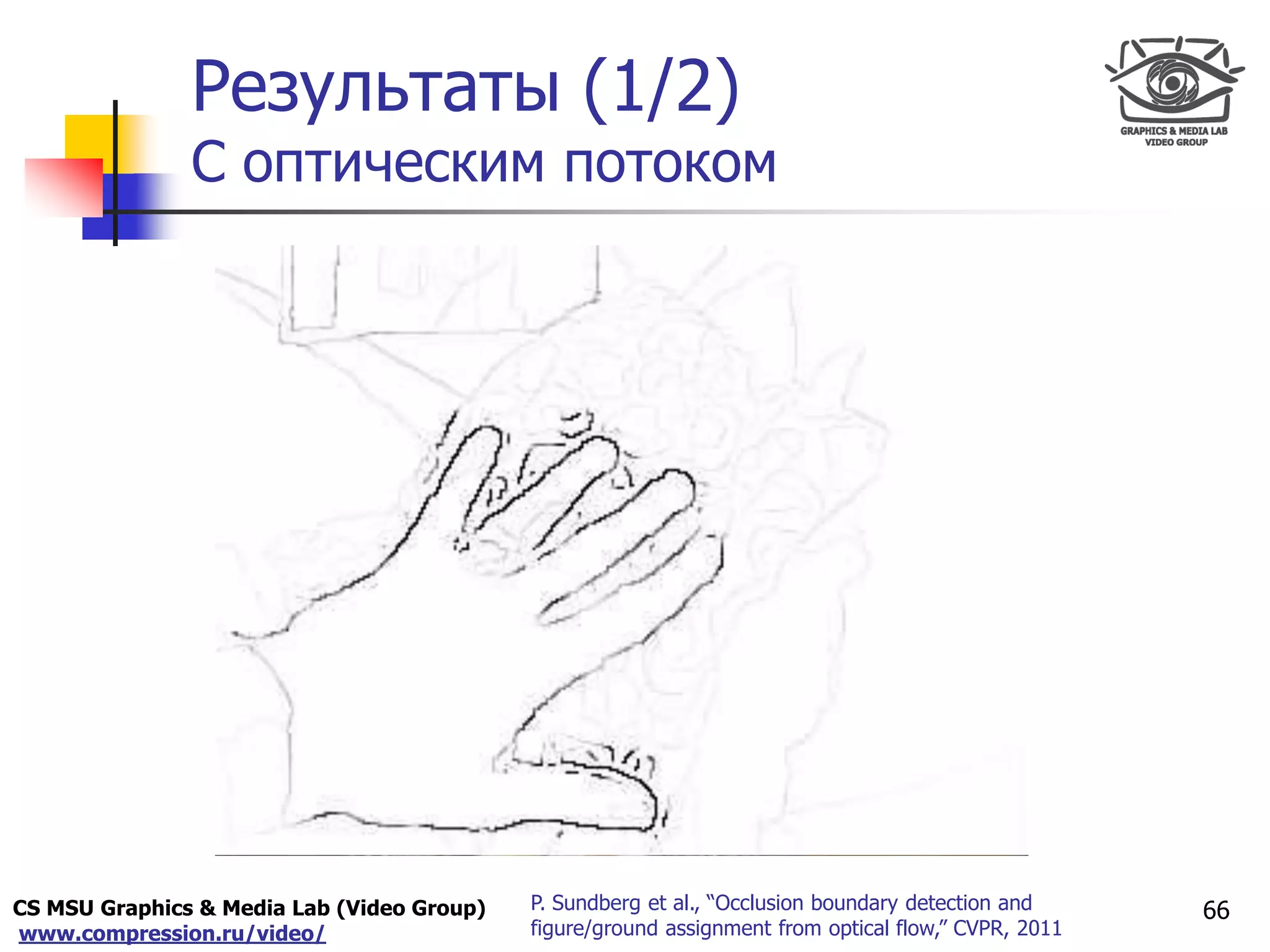 CS MSU Graphics & Media Lab (Video Group)
www.compression.ru/video/
Only for
Maxus 
Результаты (1/2)
С оптическим потоком
66P. Sundberg et al., “Occlusion boundary detection and
figure/ground assignment from optical flow,” CVPR, 2011
 