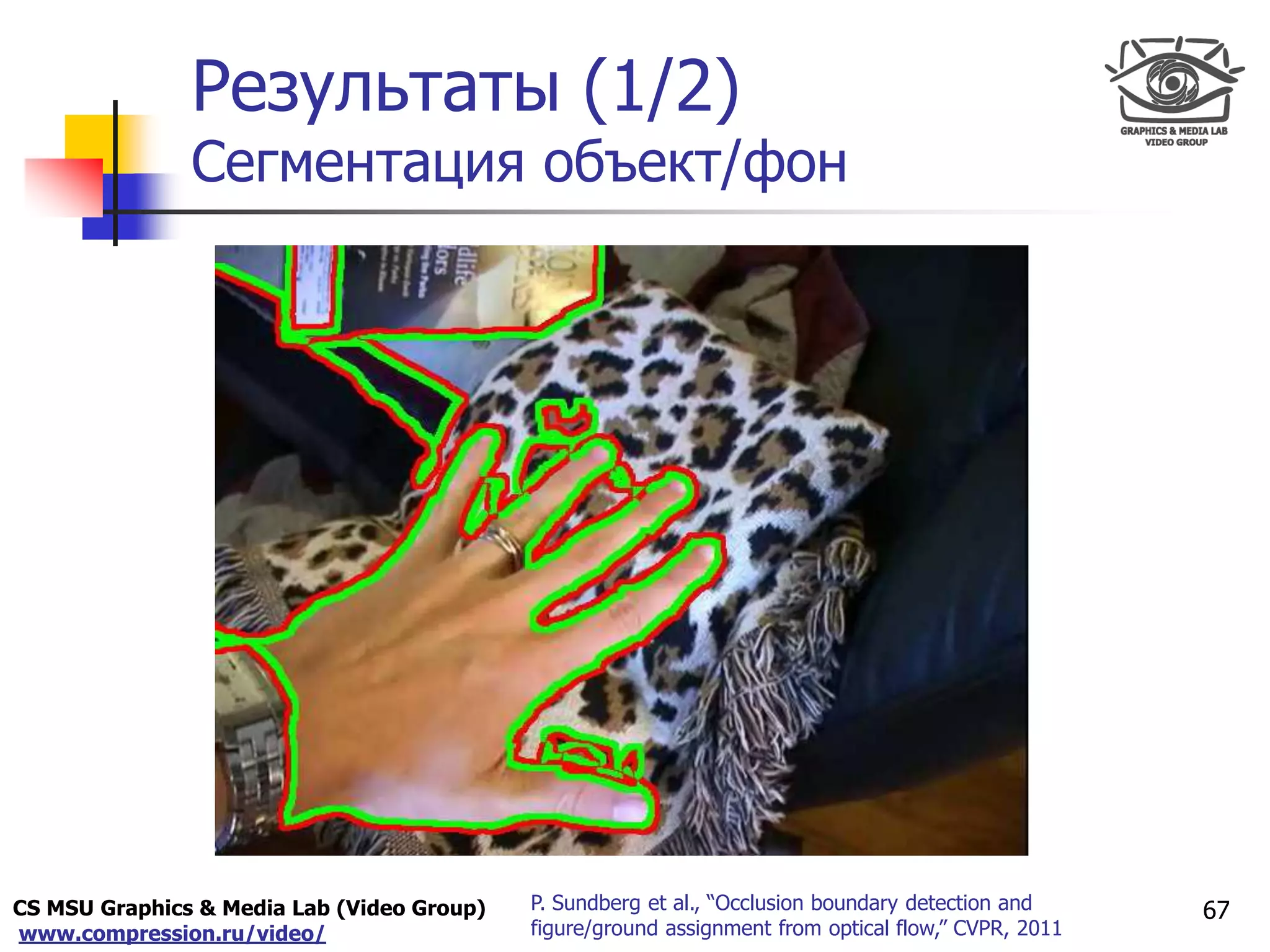 CS MSU Graphics & Media Lab (Video Group)
www.compression.ru/video/
Only for
Maxus 
Результаты (1/2)
Сегментация объект/фон
67P. Sundberg et al., “Occlusion boundary detection and
figure/ground assignment from optical flow,” CVPR, 2011
 