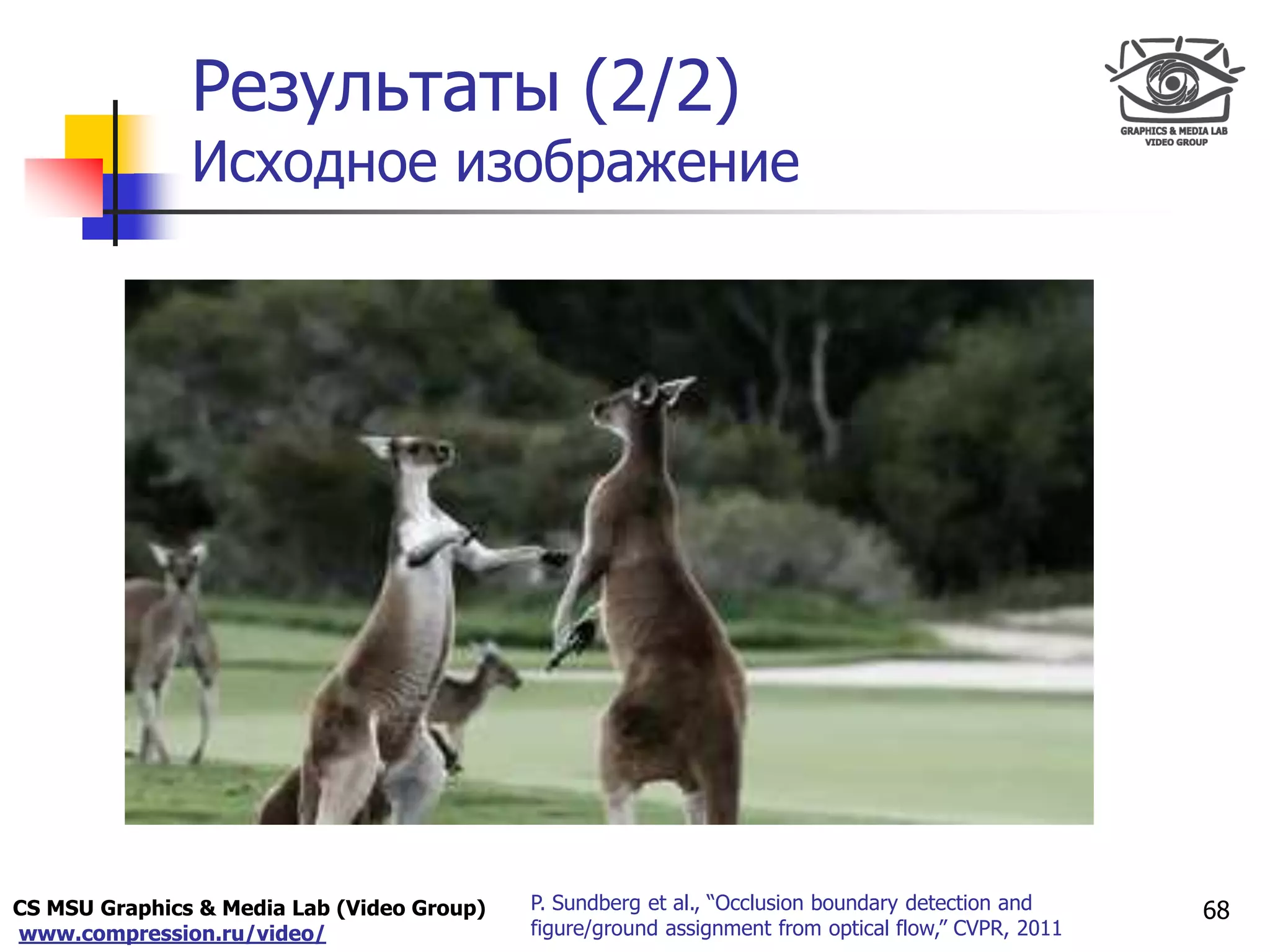 CS MSU Graphics & Media Lab (Video Group)
www.compression.ru/video/
Only for
Maxus 
Результаты (2/2)
Исходное изображение
68P. Sundberg et al., “Occlusion boundary detection and
figure/ground assignment from optical flow,” CVPR, 2011
 
