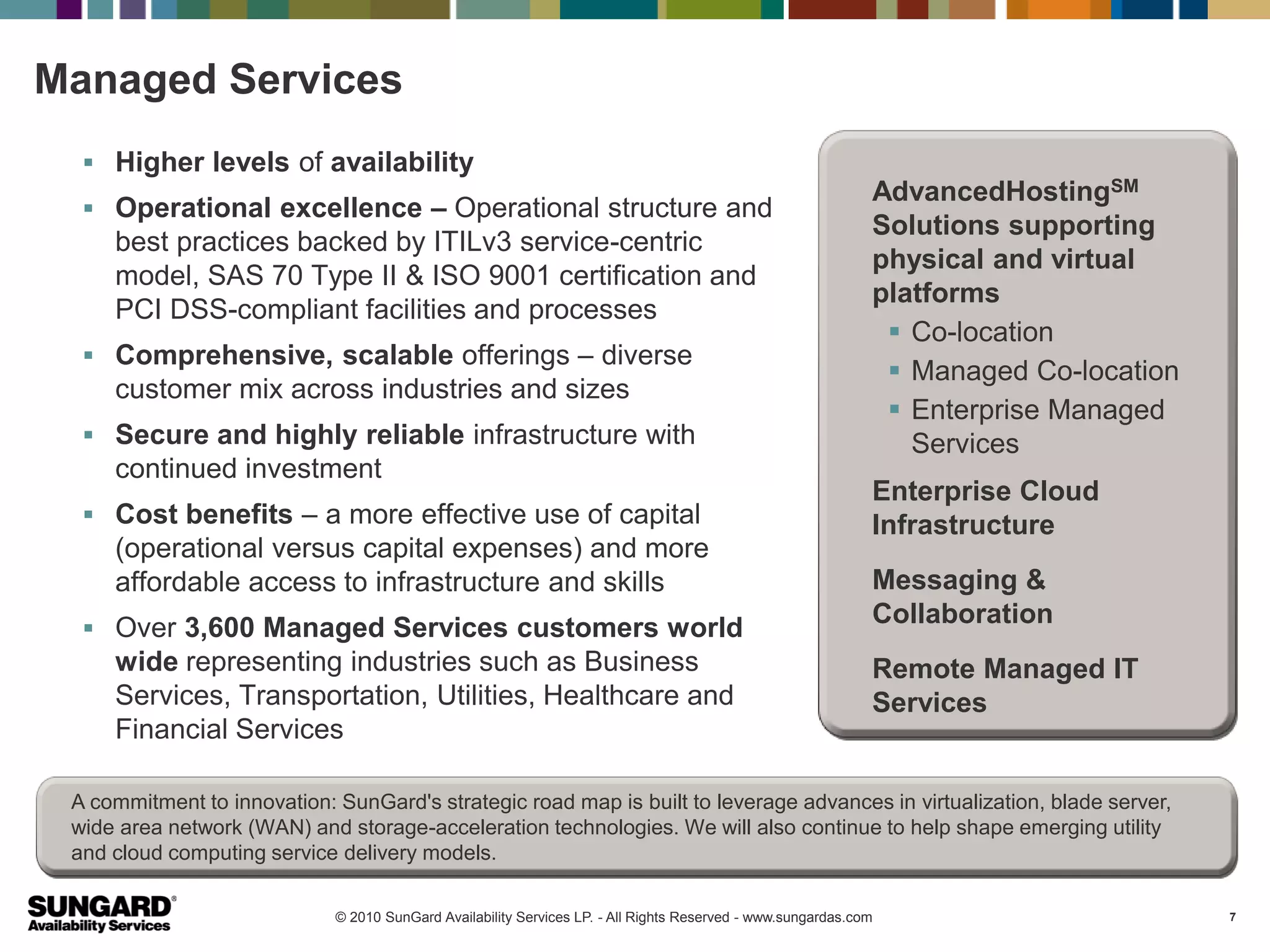 Managed Services
   Higher levels of availability
                                                                                                              AdvancedHostingSM
   Operational excellence – Operational structure and
                                                                                                              Solutions supporting
     best practices backed by ITILv3 service-centric
                                                                                                              physical and virtual
     model, SAS 70 Type II & ISO 9001 certification and
                                                                                                              platforms
     PCI DSS-compliant facilities and processes
                                                                                                                Co-location
   Comprehensive, scalable offerings – diverse
                                                                                                                Managed Co-location
     customer mix across industries and sizes
                                                                                                                Enterprise Managed
   Secure and highly reliable infrastructure with                                                               Services
     continued investment
                                                                                                              Enterprise Cloud
   Cost benefits – a more effective use of capital                                                           Infrastructure
     (operational versus capital expenses) and more
     affordable access to infrastructure and skills                                                           Messaging &
   Over 3,600 Managed Services customers world
                                                                                                              Collaboration
     wide representing industries such as Business                                                            Remote Managed IT
     Services, Transportation, Utilities, Healthcare and                                                      Services
     Financial Services

 A commitment to innovation: SunGard's strategic road map is built to leverage advances in virtualization, blade server,
 wide area network (WAN) and storage-acceleration technologies. We will also continue to help shape emerging utility
 and cloud computing service delivery models.

                             © 2010 SunGard Availability Services LP. - All Rights Reserved - www.sungardas.com                        7
 