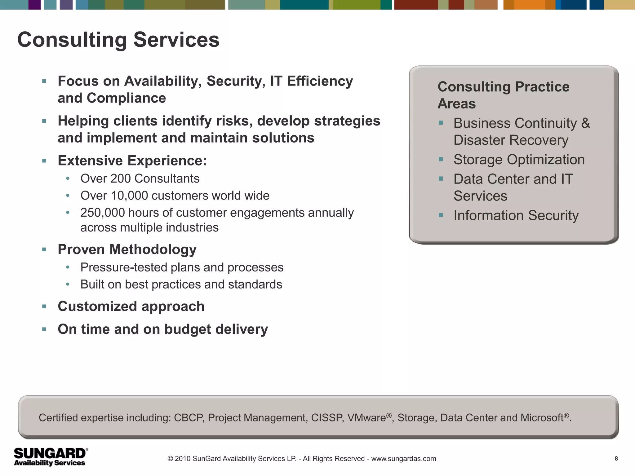 Consulting Services
   Focus on Availability, Security, IT Efficiency                                                               Consulting Practice
     and Compliance                                                                                              Areas
   Helping clients identify risks, develop strategies                                                            Business Continuity &
     and implement and maintain solutions                                                                          Disaster Recovery
   Extensive Experience:                                                                                         Storage Optimization
     • Over 200 Consultants                                                                                       Data Center and IT
     • Over 10,000 customers world wide                                                                            Services
     • 250,000 hours of customer engagements annually                                                             Information Security
       across multiple industries
   Proven Methodology
     • Pressure-tested plans and processes
     • Built on best practices and standards
   Customized approach
   On time and on budget delivery




  Certified expertise including: CBCP, Project Management, CISSP, VMware®, Storage, Data Center and Microsoft®.


                            © 2010 SunGard Availability Services LP. - All Rights Reserved - www.sungardas.com                             8
 