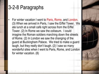 3-2-8 Paragraphs For winter vacation I went to  Paris ,  Rome , and  London .  (3) When we arrived in Paris, I saw the Eiffel Tower.  We ate lunch at a small café right across from the Eiffel Tower. (2) In Rome we saw the coliseum.  I could imagine the Roman soldiers marching down the streets of Rome. (2) In London we saw the changing of the guard at Buckingham Palace.  We tried to make a guard laugh, but they really don’t laugh. (2) I saw so many wonderful sites when I went to Paris, Rome, and London for winter vacation. (8)  