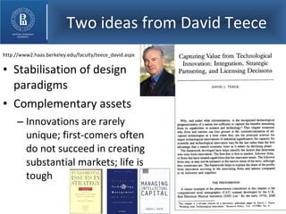 Two ideas from David Teece http://www2.haas.berkeley.edu/faculty/teece_david.aspx Stabilisation of design paradigms Complementary assets Innovations are rarely unique; first-comers often do not succeed in creating substantial markets; life is tough 
