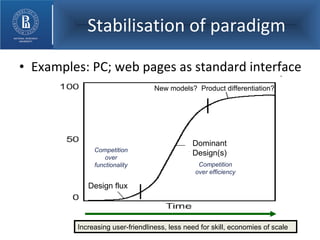 Stabilisation of paradigm Examples: PC; web pages as standard interface Design flux Dominant Design(s) New models?  Product differentiation? Increasing user-friendliness, less need for skill, economies of scale Competition over functionality Competition over efficiency 