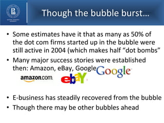 Though the bubble burst… Some estimates have it that as many as 50% of the dot com firms started up in the bubble were still active in 2004 (which makes half “dot bombs” Many major success stories were established then: Amazon, eBay, Google E-business has steadily recovered from the bubble Though there may be other bubbles ahead 