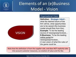 Organisational Vision Definition :  Strategic intent  - what the desired future of the firm will be, what opportunities are to be seized (the business model should flow from this). Example : To be the leading source of news/gossip/reviews... E-Business : To be the leading  online portal  for news/gossip/reviews... A new vision of what the rules of the game could be.   Note that this definition is from the supplier side, and does NOT explicitly take into account customer resources, co-creation of value and the like. VISION Elements of an (e)Business Model - Vision 