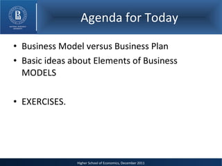 Agenda for Today Business Model versus Business Plan Basic ideas about Elements of Business MODELS EXERCISES. 