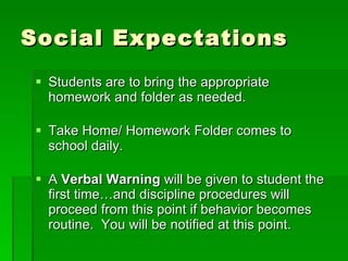 Social Expectations Students are to bring the appropriate homework and folder as needed. Take Home/ Homework Folder comes to school daily. A  Verbal Warning  will be given to student the first time…and discipline procedures will proceed from this point if behavior becomes routine.  You will be notified at this point. 